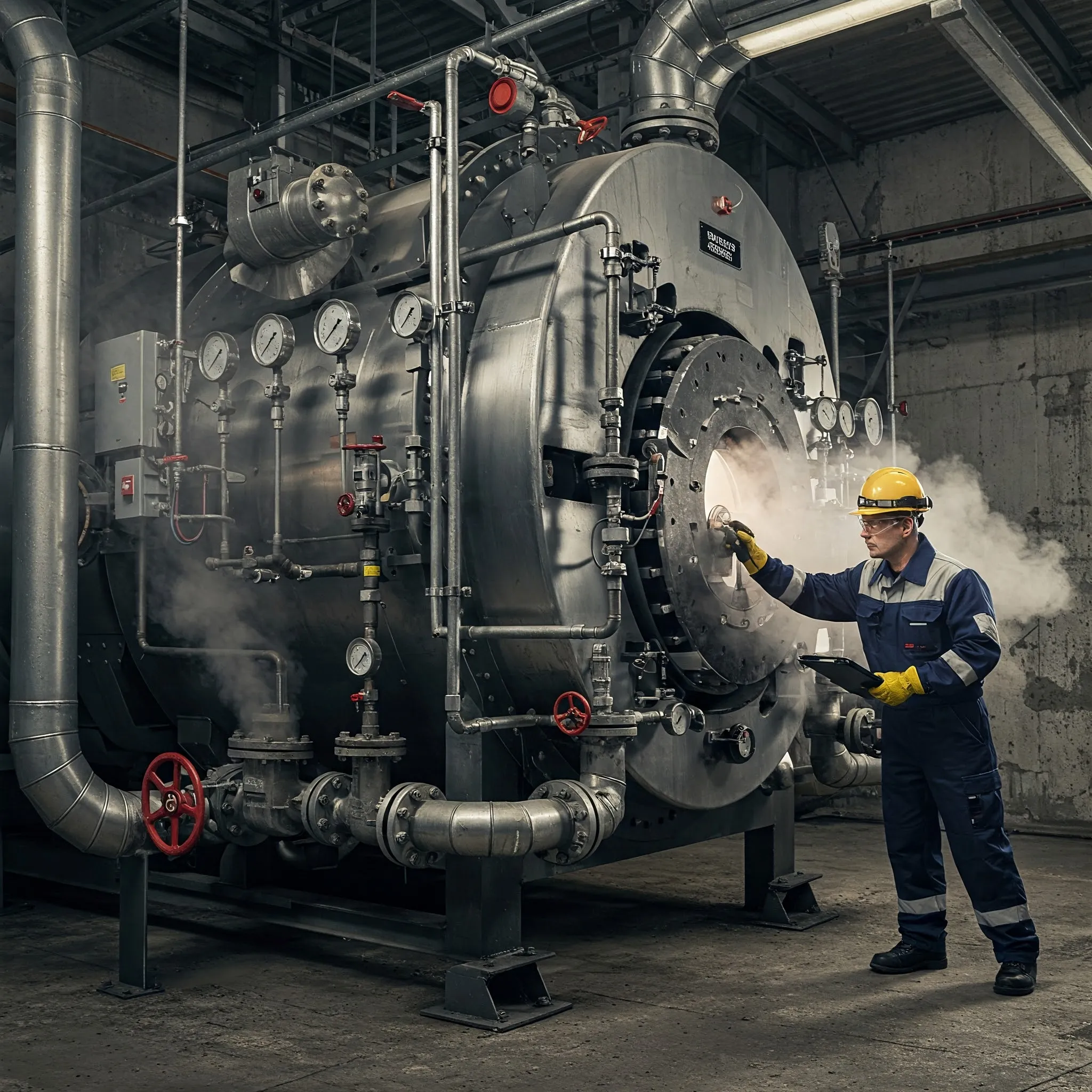 Persona realizando limpieza de caldera industria Maquinaria industrial, limpia y eficiente posterior a proceso de decapado realizado por Servicios LIQ