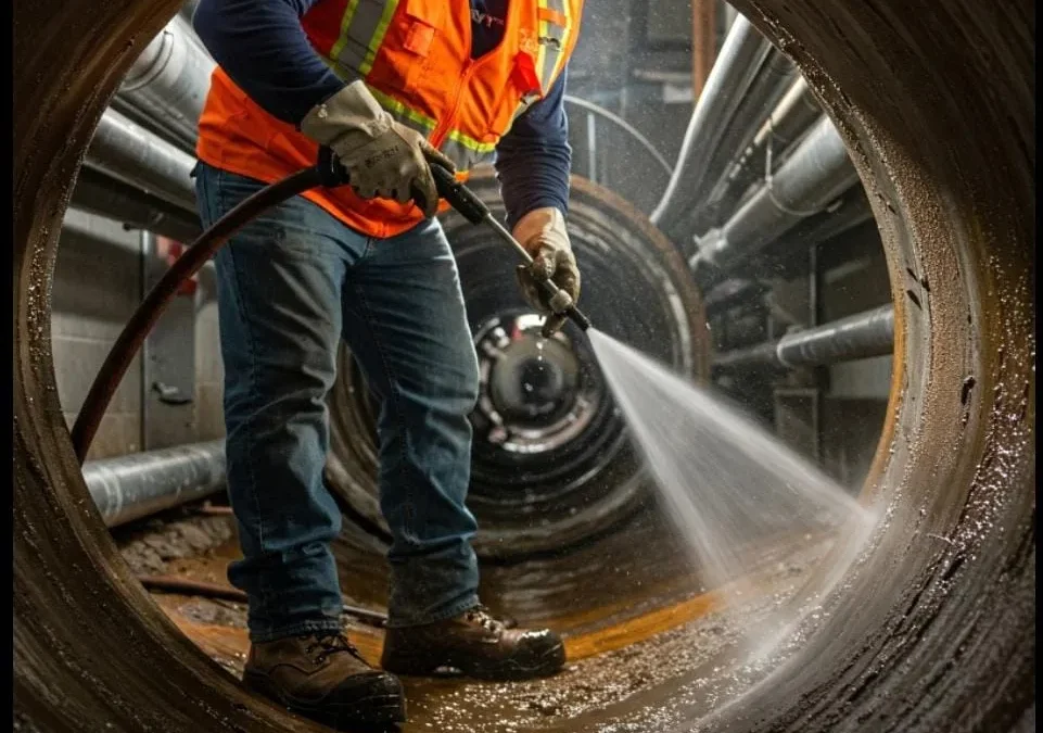 Persona con traje y guantes verdes realizando limpieza de tuberías con flushing que es un proceso de limpieza industrial