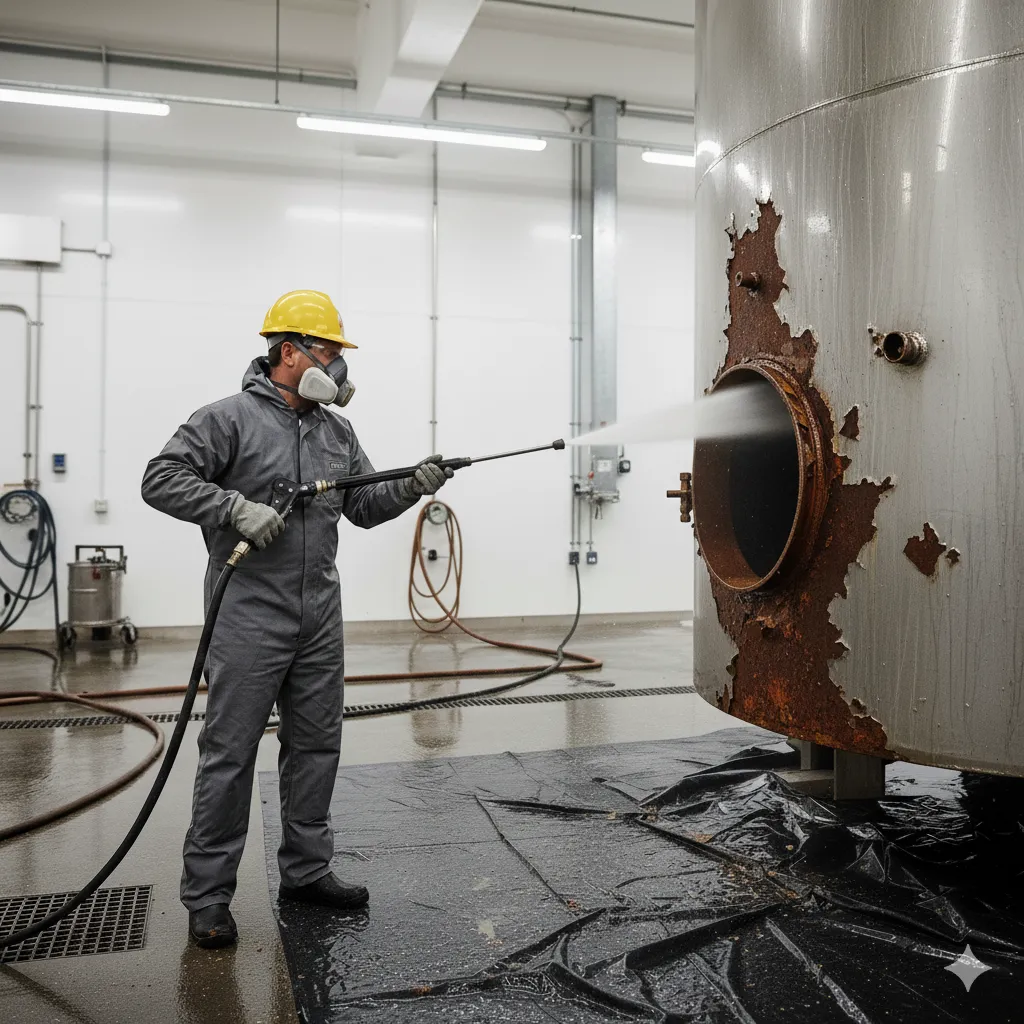 Decapado industrial para la eliminación de óxido severo. Operario con casco y máscara realiza un decapado industrial a presión sobre un depósito metálico muy oxidado en una nave.