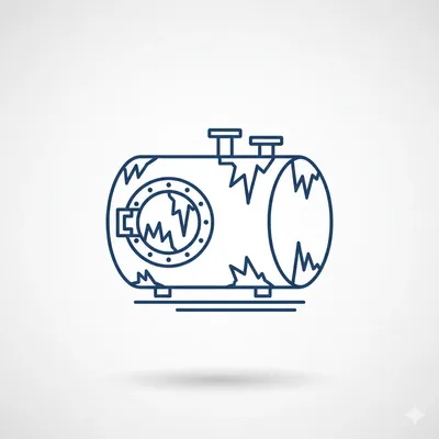 Icono de tanque horizontal con parches dentados y grietas, usado para explicar que es la corrosión galvánica.